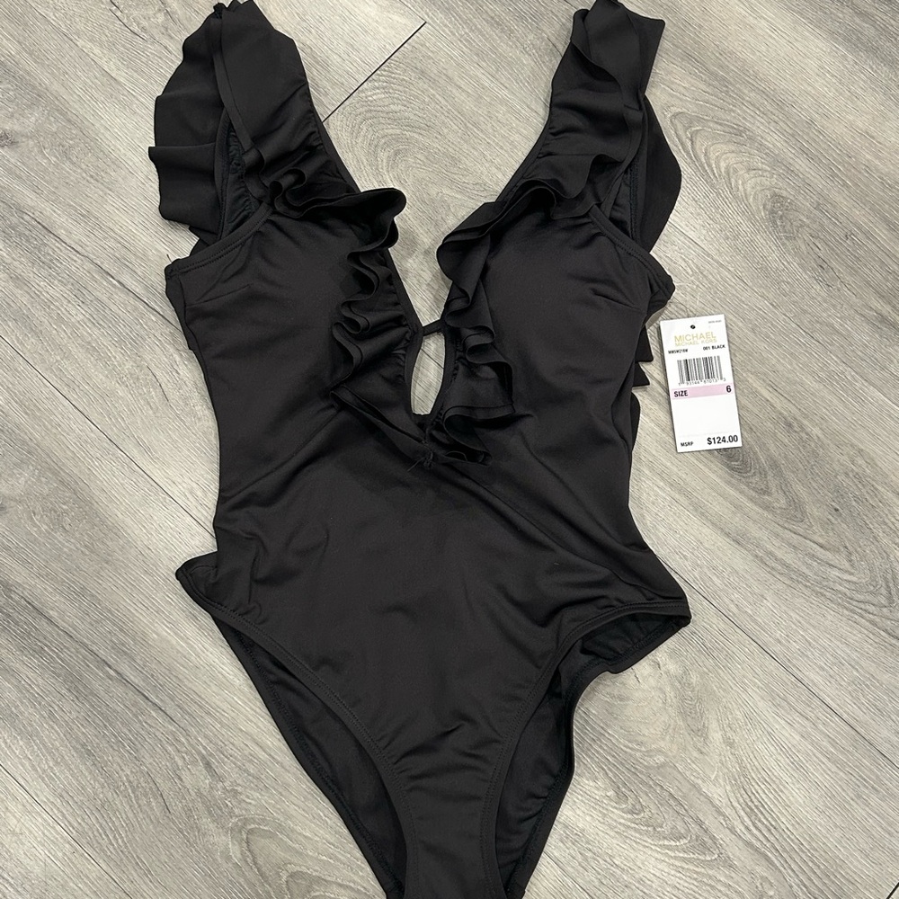 Michael Kors Black Ruffle One Piece Swimsuit